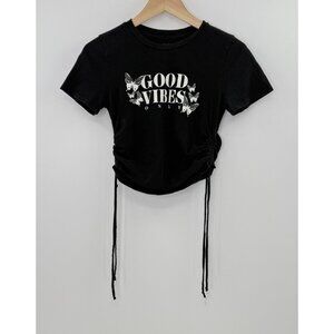 Organic Generation Juniors Good Vibes Only Black T-Shirt Cropped Sz XS Butterfly